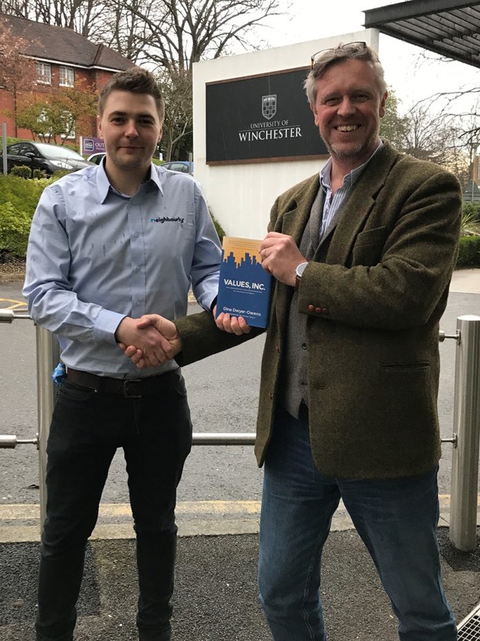 Joshua Barker of Neighbourly with Paul Wilson Programme Leader for Digital Media Design Development at the University of Winchester