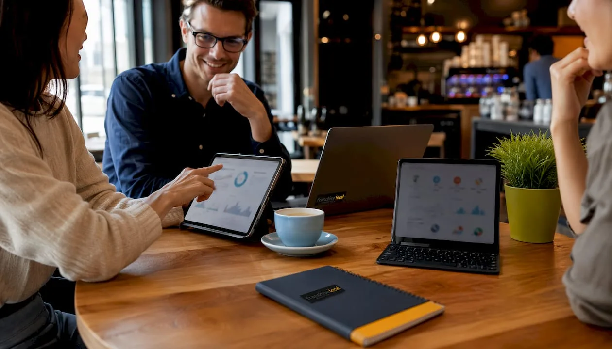 How to improve franchise visibility in the UK Hands discussing social media marketing dashboards