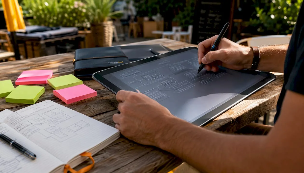 What is franchise digital presence? A guide for UK investors Close-up of hands sketching website sitemap on tablet