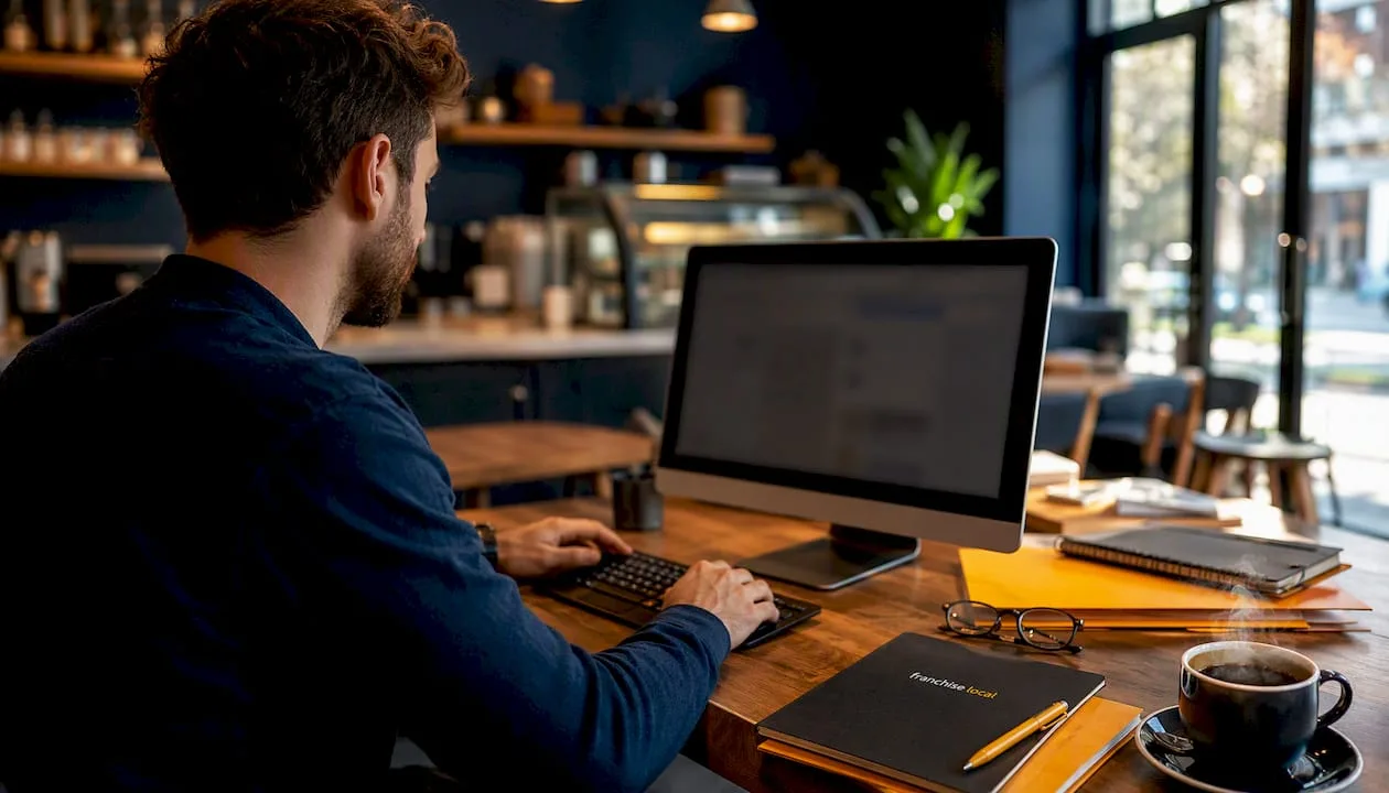 The best franchisefame.com alternatives for UK franchisees Desktop setup in bright coworking space with colorful folders