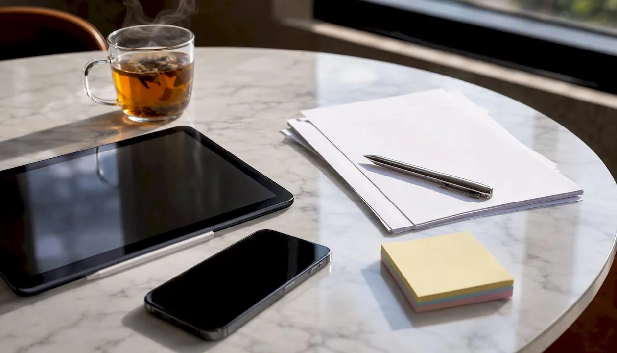 Smartphone and tablet with blank invoices on desk