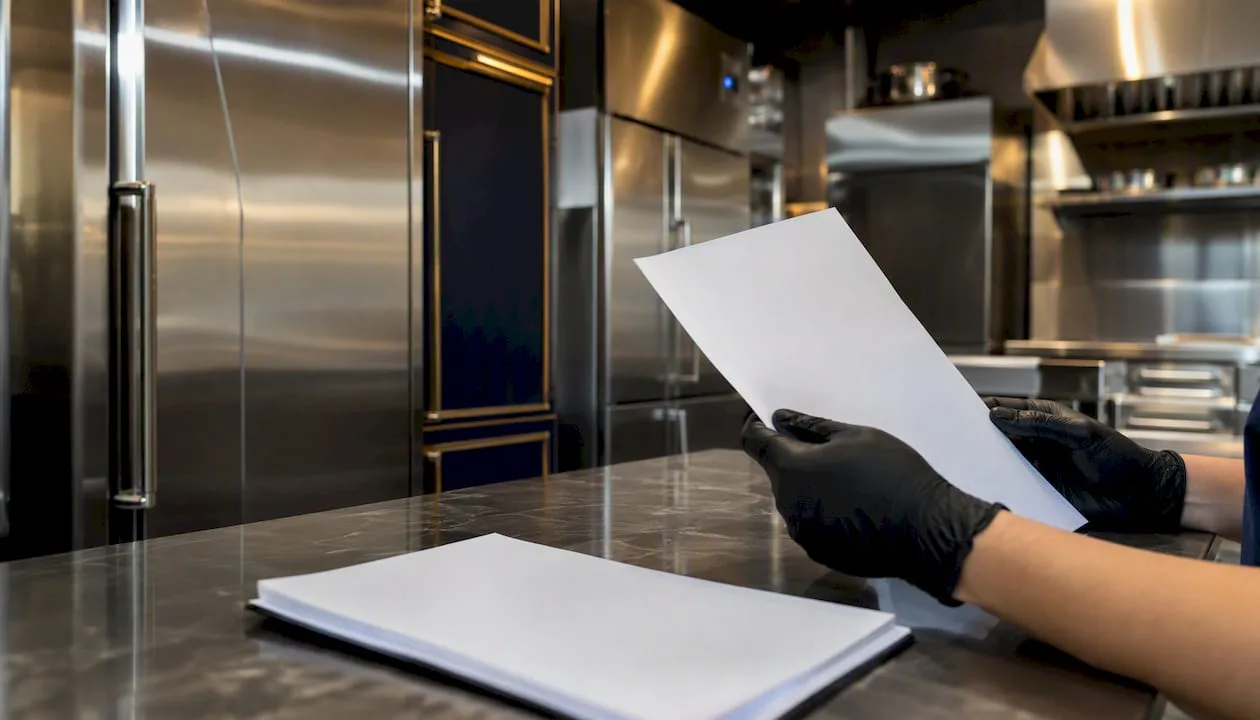 Close-up commercial kitchen equipment and finance documents