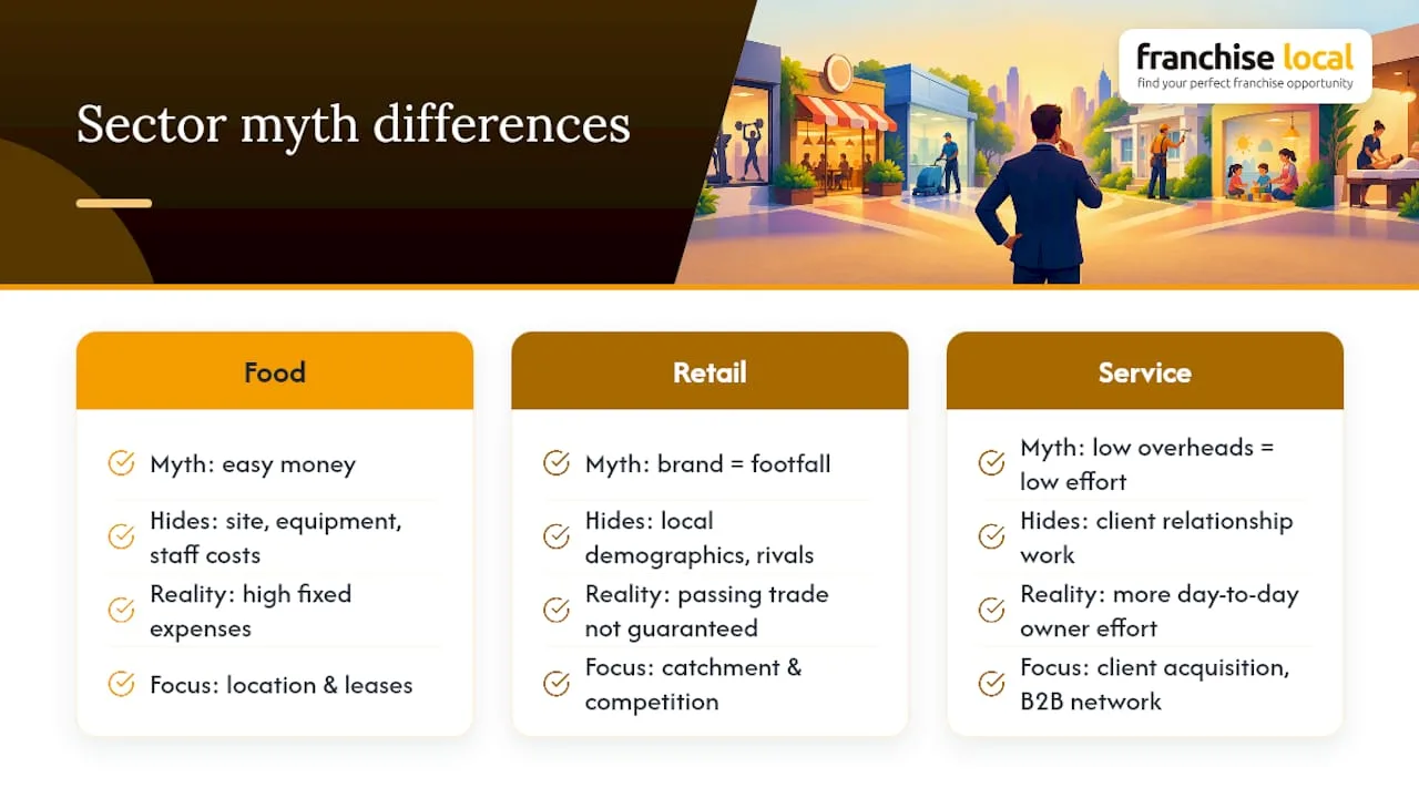 6. Why myths differ between food, retail and service franchises — overview diagram
