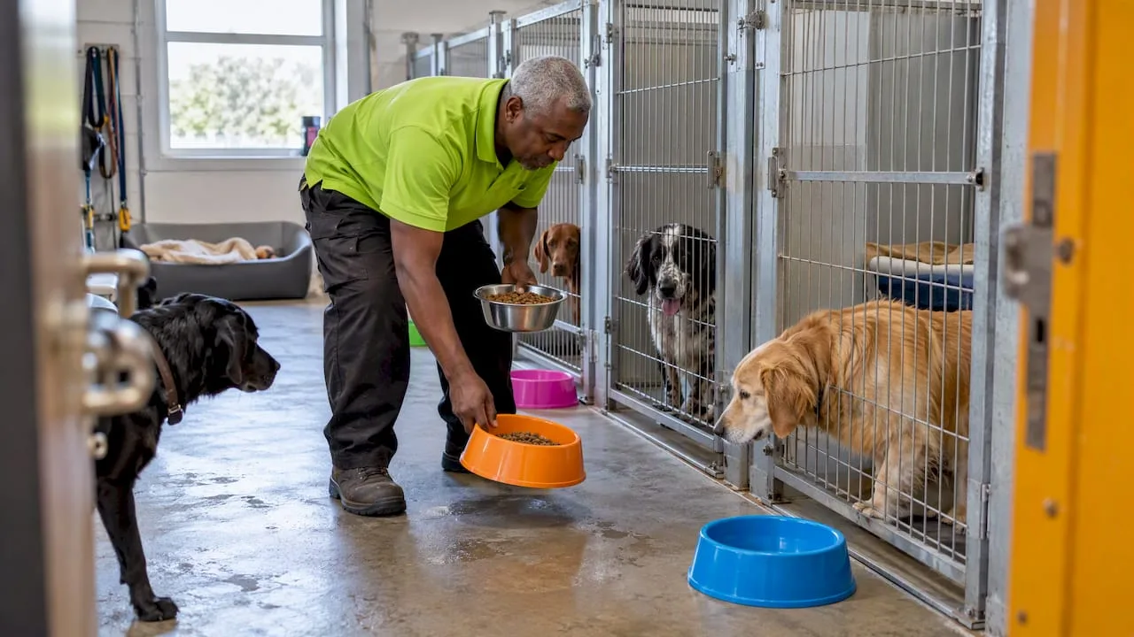 Pet Care Franchise Guide for UK Buyers Attendant feeding dogs in a boarding kennel
