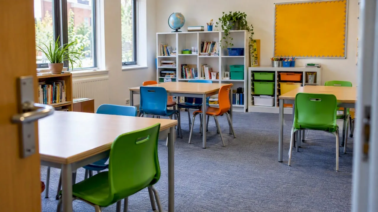 Brightly furnished UK tutoring centre learning room